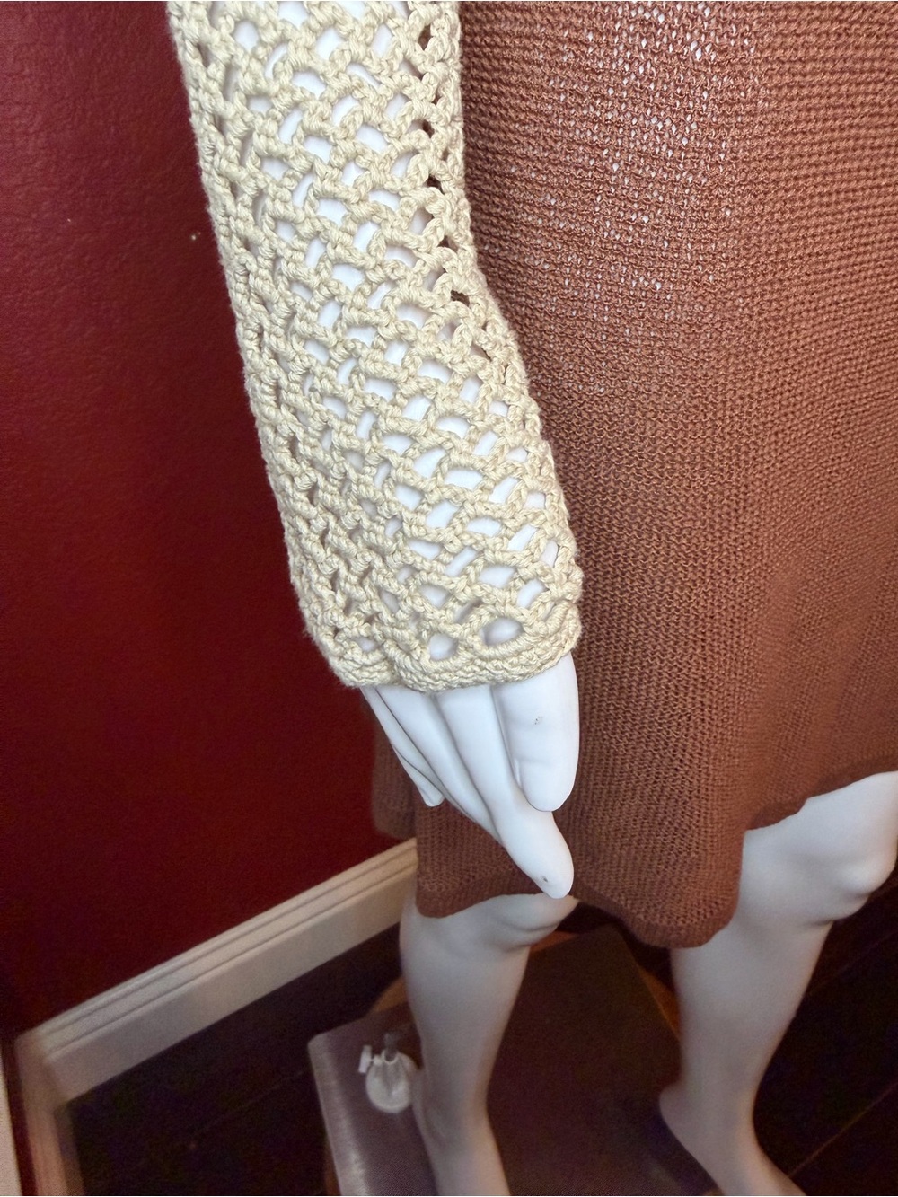 STAUD Jocelyn Mixed Stitch Crochet Long Sleeve Mini Dress Neutral. Size L - Picture 8 of 10